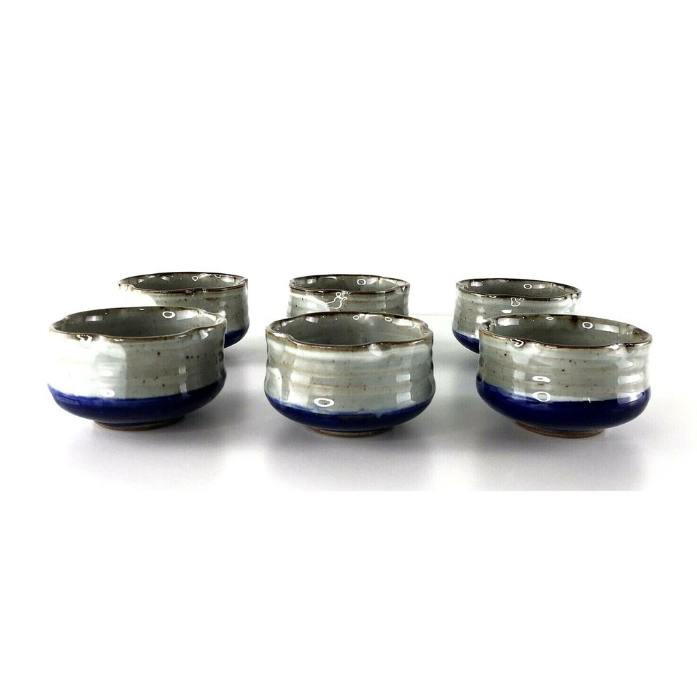 Set of 6 Blue and Gray Scalloped Stoneware Tea Bowls Artisanal Pottery 2x3.5in